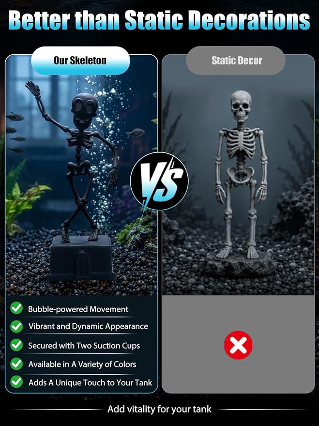 Dancing Skeleton Aquarium Bubbler, Halloween Fish Tank Decor(Black) | Adjustable airflow with 1m hose & valve. Safe resin, for freshwater/saltwater tanks. Air pump not included.