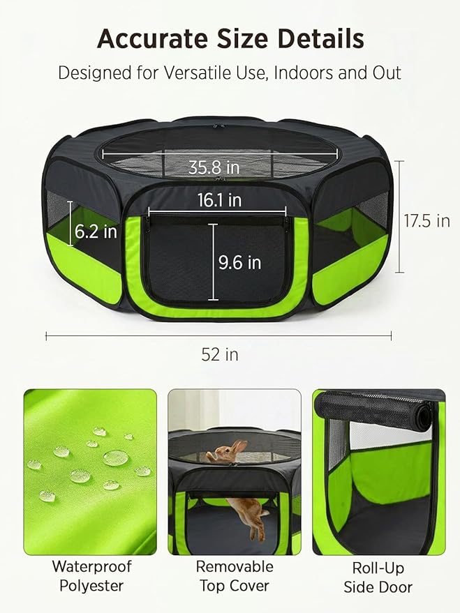 UWE Extra Large Small Animal Playpen, XL Portable Pet Playpen for Rabbit, Kitten, Guinea Pig, Hamster, Puppy – Waterproof Foldable Mesh Tent with Zipper Cover, Indoor Outdoor Use,Light Green