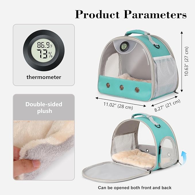 Bearded Dragon Carrier, Reptile Travel Bag with Built-in Thermometer Hygrometer, Breathable Small Animal Carrier with Clear View Window, Portable Guinea Pig Carrier for Gecko, Snake, Hamster