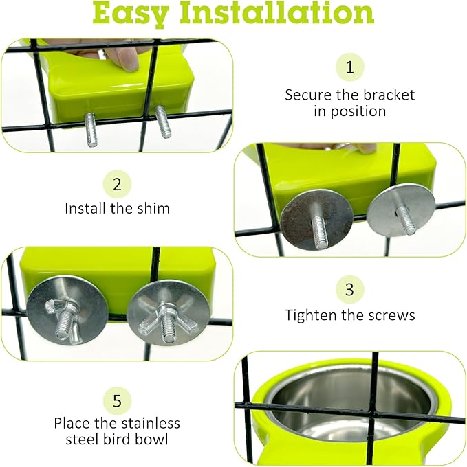 Stainless Steel Bird Bowls for Cage 2 Pcs Parrot Feeding Dish Metal Food and Water Cups Detachable Birds Cage Feeder Hanging Finch Food Plates with Perch for Parakeet Budgie Lovebird (Green)