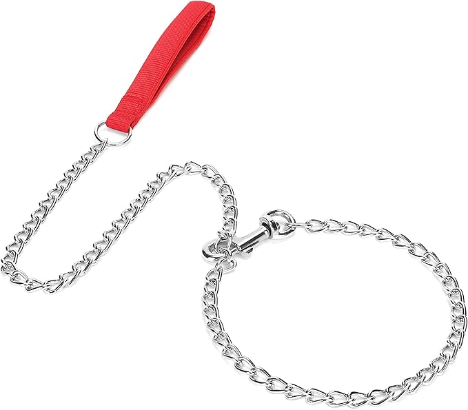 SGODA Metal Chain Heavy Duty Dog Leash, Chew Proof Dog Leash with Soft Handle for Large Size Pets Walking(4 ft. x 3.5 mm Red)