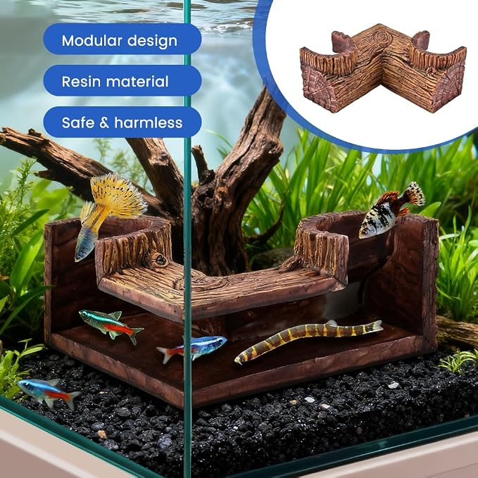 Aquarium Cave, 5.1” x 2” x 2.6” Wood-Like Fish Tank Cave for Corners, Fish Tank Accessories Tunnel Cave & Hideout for Aquarium Guppy, Corydoras Catfish, Bettas Hide(Color:Brown)