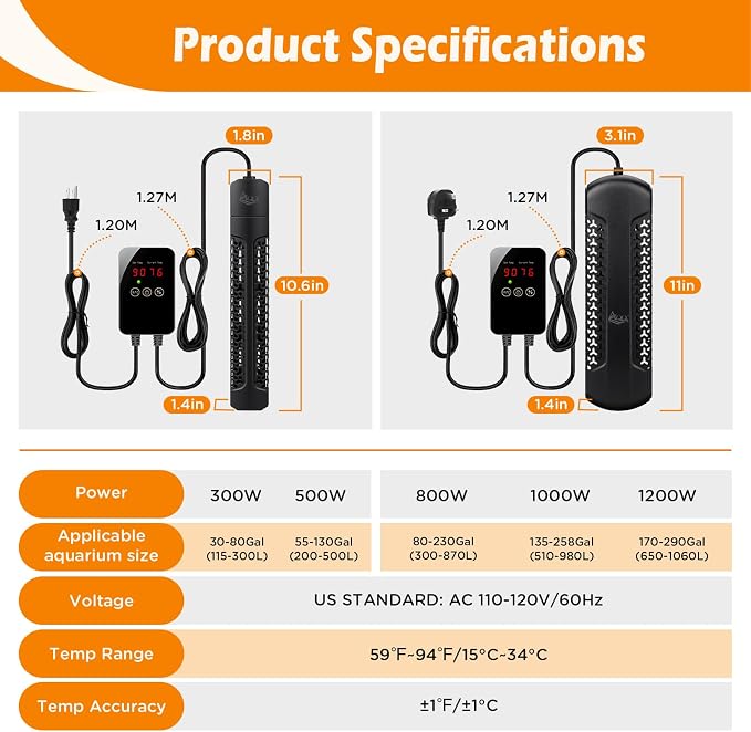 AQQA Large Fish Tank Heater 1000W for 135-258 Gal Tank Submersible Aquarium Heater Quartz Glass with Overheat & Dry-Run Protection Adjustable Temp Range 59-94℉(1000W for 135-258Gal)