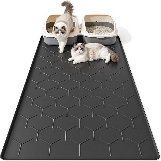 Bulkniu Extra Large Silicone Cat Litter Mat, Waterproof/Urineproof, Litter Recycling, Easy to Clean, Soft on Kitty Paws (28"X40"-Black)