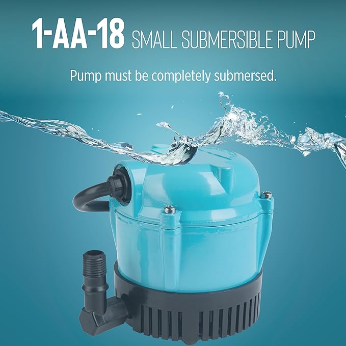 Little Giant 1-AA-18 115 Volt, 1/200 HP, 170 GPH Small Submersible Permanently Oiled Pump for Fountains, Water Displays and Air Conditioners, 18-Foot Cord, Blue, 500500