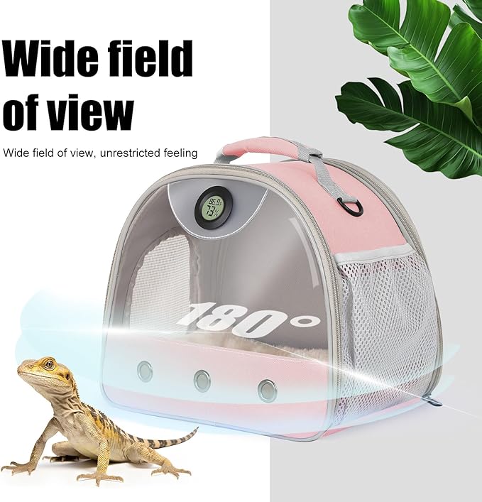 Bearded Dragon Carrier, Reptile Travel Bag with Built-in Thermometer Hygrometer, Breathable Small Animal Carrier with Clear View Window, Portable Lizard Habitat for Ball Python