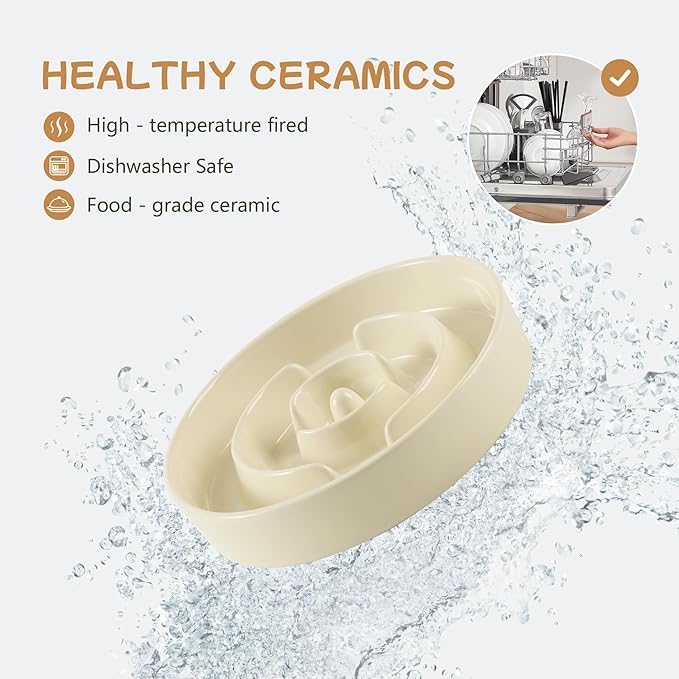 Havniva Ceramic 0.9 Cup Raised Slow Feeder Dog Bowl Set, Elevated 6.1inch Water Bowl and 6.1inch Slow Dish with Wooden Stand for Small Dogs (2 x Light Yellow+ Stand)