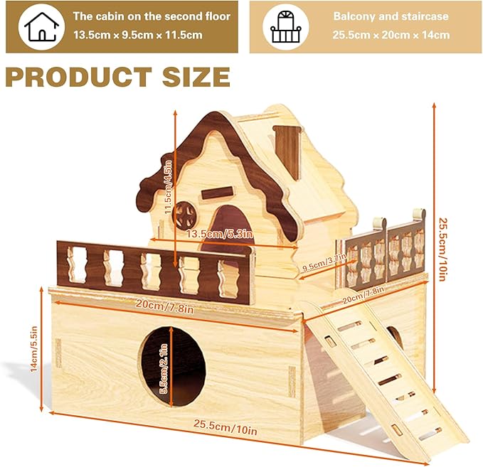 Wooden Hamster Platform and Dwarf Hamster House,Cute Syrian Hamster Tiny House Hideout,Large Balcony Lookout Holes,for Dwarf Gerbils and Mouse Mice Rat Other Small Animals(G)