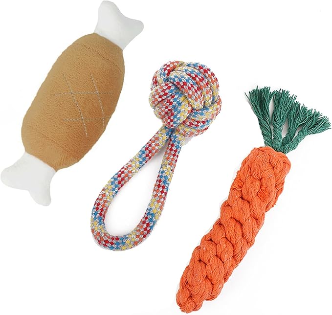 3PCS Natural Cotton Rope Toys for Small Dogs and Puppies, Dog Dental Care Chew Toys for Teething,Anxiety Relief, Helps Clean Teeth & Prevent Furniture Destruction(Chicken Leg Set)