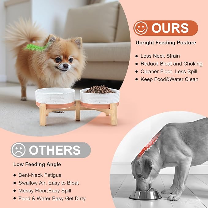 SPUNKYJUNKY Elevated Dog Bowls Ceramic, 5.1'' Dogs and Cat Food Water Bowls Raised with Non-Slip Bamboo Stand for Puppy Small Sized Breed Microwave Dishwasher Safe - 13.5 OZ,Pattern White