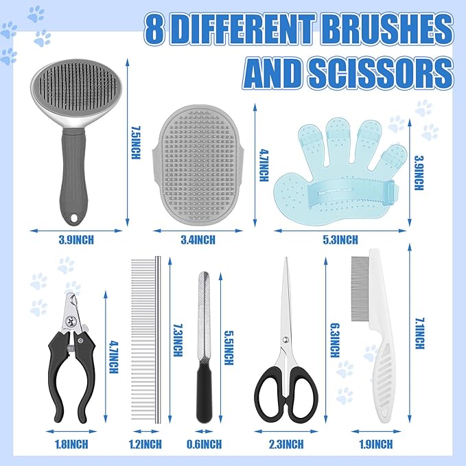 Yaomiao Dog Brush Grooming Kit 9 Pcs Kit with Pet Nail Clipper and File Cat Grooming Deshedding Undercoat Rake Comb for All Breeds Sizes Promotes Healthy Skin Coat(Classic Color)