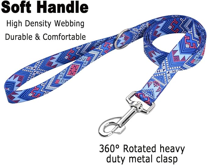 MarukoPet Dog Collar and Leash Set, Adjustable for Small Medium Large Dogs Puppy, Cute Design with Bohemia Floral Tribal Geometric Patterns Boys Girls Dog Collar(Blue Ethnic Style Set,XS)