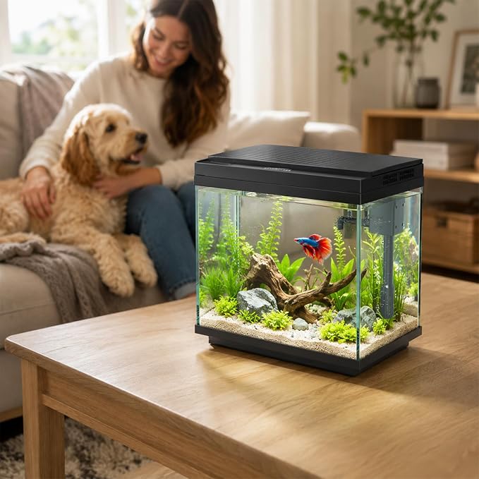 5 Gal Glass Fish Tank Kit with Filter & Light | 3-Gallon Capacity，No Setup Required，2-Stage Filter，Ultra-Quiet Operation，3-Level Adjustable Light，180° Flip Lid，Feeding port