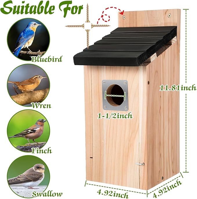 Dreyoo Cedar Bluebird Box Houses for Outside, 1-1/2'' Entrance Hole Wooden Bird Houses with Metal Guard, Secure Latch, Fledgling Grooves, Air Vents for Bluebird Wren Swallow(2 Pack)