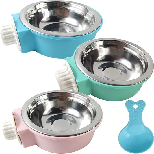 GXXMEI 3PCS Crate Dog Bowls with Food Scoop Removable Hanging Stainless Steel Water Food Feeder Pet Cage Coop Cup for Kitten, Puppy, Birds, Rats, Guinea Pigs