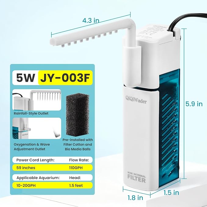 Small Fish Tank Filter, Aquarium Filter，Aquarium Internal Filter | Ideal for 10-20 gal fish tanks, 5W 110GPH with two modes. Works in fresh & saltwater.