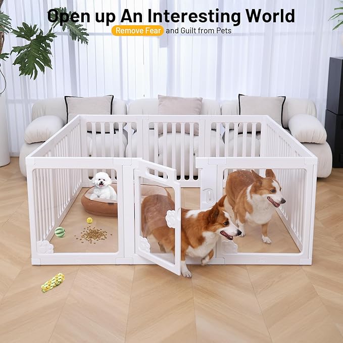 Clear Dog Fence Acrylic Pet Playpen Puppy Enclosure Cat Rabbit Small Play Pen Indoor Outdoor Whelping Box for Dogs with Gate (9 HDPE Panels+3 Transparent Panels)