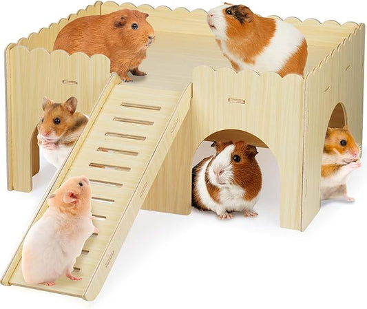 Large Guinea Pig Hideout, Upgraded Wooden Guinea Pig Castle with Guinea Pig ramp, Easy to Assemble Guinea Pig House for Small Animal House Habitat or Hamster Hideout/Rabbit Hideout