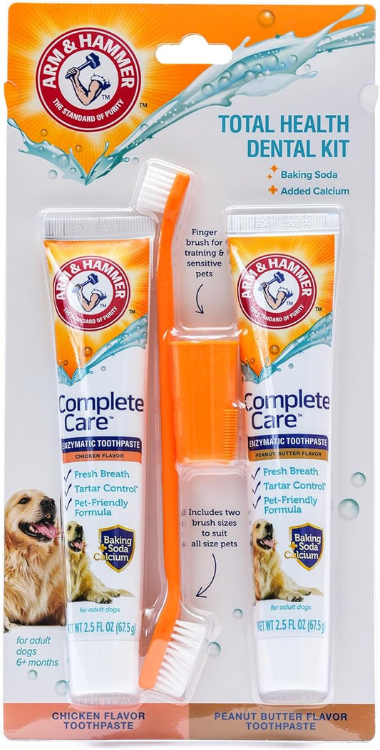 Arm & Hammer Complete Care Dog Dental Kit with Two Flavors: Chicken & Peanut Butter Enzymatic Dog Toothpaste, Toothbrush, & Finger Brush, Baking Soda + Calcium, 2.5oz Each