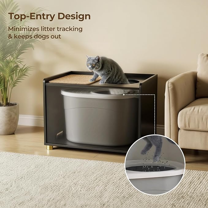 Amunrbrek Top Entry Litter Box Enclosure, Flip Top Cat Litter Box Furniture with Scratch Mat, Stylish Hidden Cat Washroom for Large Cats (Black)