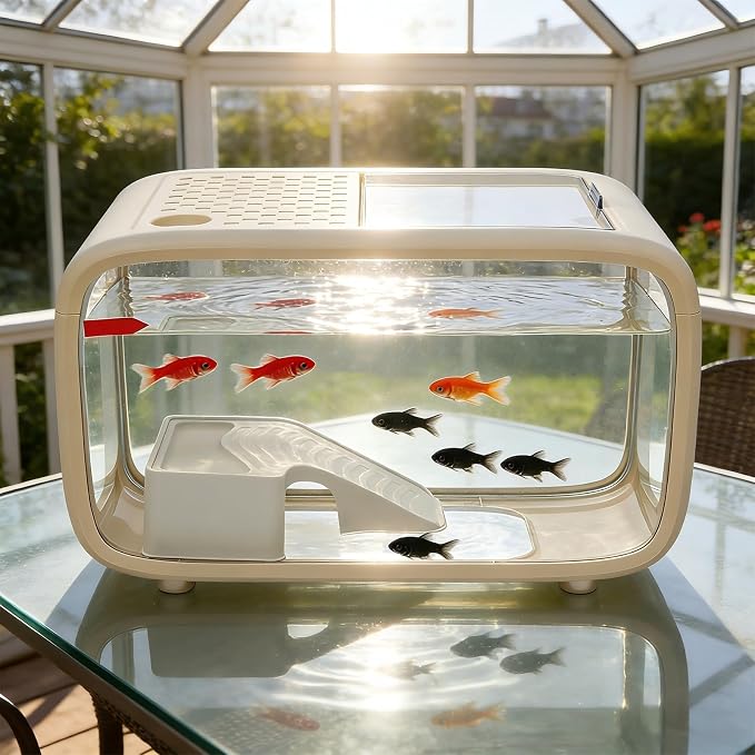 Desktop Fish Tank, 3.17 Gal Fish Tank with Top Feeding Hole, White Aquarium with Climbing Frame for Small Fish, Clear View Betta Tank for Home Office, Easy Maintenance (White)