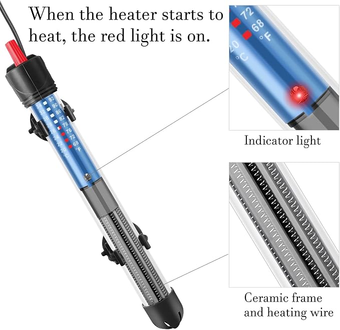 50W 100W 300W Submersible Aquarium Heater, Adjustable Glass Water Heater for 5 – 70 Gallon Fish and Turtle Tank (100W)