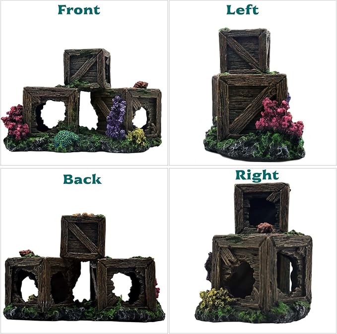 Fish Tank Decorations Hideout for Betta, Shrimp & Guppies – Two-Level Wooden Crate with Realistic Coral, Sponge & Seaweed, Stable Rock Base, Aquarium-Safe Resin - 8.5x4.3x4.9 Inch