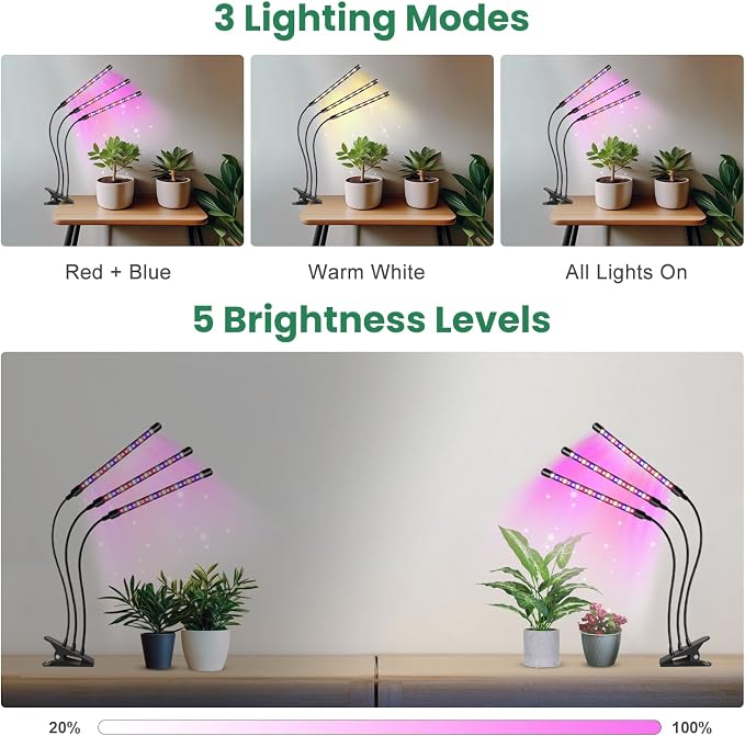 Plant Lights, 3 Heads Clip On Grow Lights for Indoor Plants | Full Spectrum, Timer 6/12/16Hrs, 3 Spectrums, 5 Dimmable Levels, Flexible Gooseneck