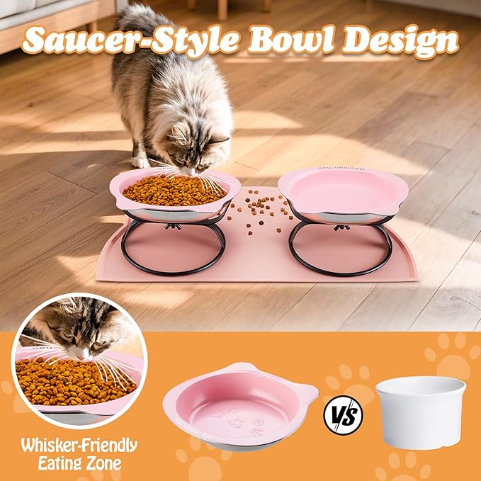 Elevated Cat Bowls with Food Mat & Metal Stand - 7.1" Wide Stainless Steel Whisker Friendly Dishes, 15° Tilt for Cats/Kittens/Small Dogs, Indoor/Outdoor & Travel Use (2-Pack) HBGmao-hao (Pink)