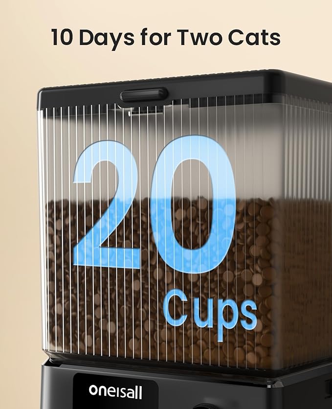 oneisall Automatic Cat Feeder with 5G WiFi, Automatic Cat Food Dispenser for 2 Cats Small Pets, 20 Cups/5L Timed Dry Food Dispenser with APP Control
