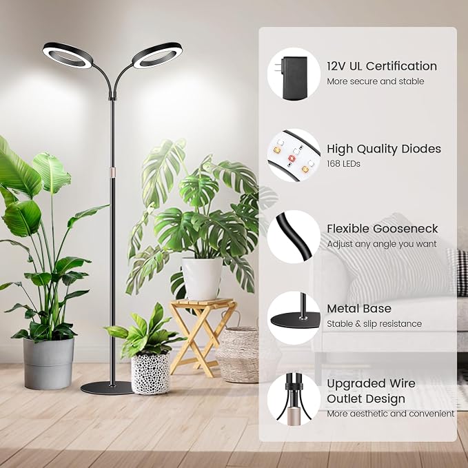 Halo Grow Lights, Dual-Head 6000K LED Floor Plant Light with Base | Full Spectrum 168LEDs Grow Lamp, 3 Color Modes, Timer 6/12/16H, 5 Dimmable Levels, 67'' Adjustable Height, Gooseneck