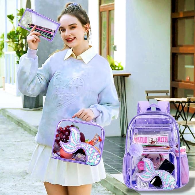 Clear Backpack for Girls and Boys, Kids Transparent Bookbag, 3PCS Cute See Through School Bag for Elementary Prechool