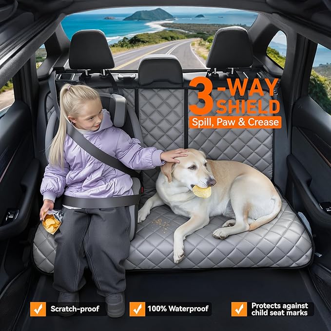 Dog Car Seat Cover for Back Seat, Waterproof Back Seat Covers for Dogs, PU Leather Nonslip Bench Car Seat Protector Universal Fit for Most Vehicles,SUVs,Small Trucks (Grey, Standard)
