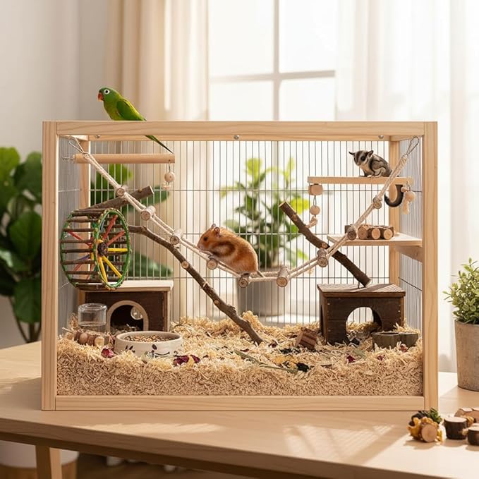 Pet Hamster Climbing Ladder Toys, Squirrel Suspension Rope Bridge Parrot Nature Wood Long Climbing Ladders for Squirrel Hamster Sugar Gliders