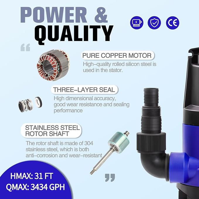 MEDAS 1HP 3434 GPH Sump Pump Submersible Clean/Dirty Water Pump Portable Utility Pump with 16.4ft Cord for Swimming Pool Garden Basement Tub Pond Draining