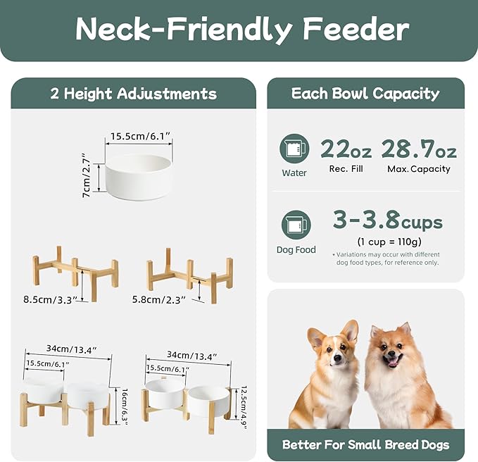 Havniva Ceramic Raised Double Bowls Set with Stand, 2 Heights Elevated, Food & Water Bowls for Small Breed Dogs, Weighted Dog Dishes, Pet Bowl(6.1'',28.7oz, White)