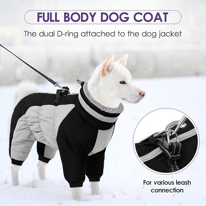 Full Body Dog Coat - Warm Fleece Jacket for Large Dogs, Turtleneck Winter Coats with Harness, Reflective Dog Snowsuit Windproof Puffer Jackets with Legs for French Bulldog, Black L