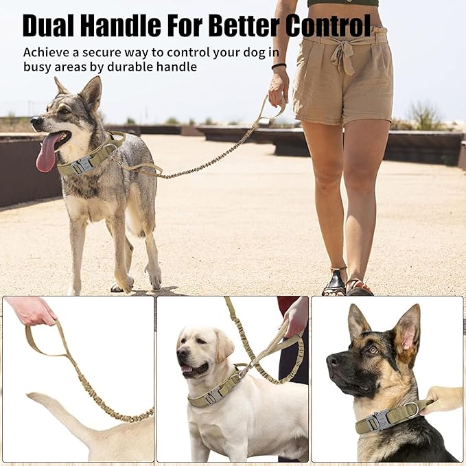 Tactical Dog Collar Leash Set, Adjustable Military Training Nylon Collar Dog Training with Control Handleand Metal Buckle, Dog Collar for Medium Large Dogs (Brown,XL)