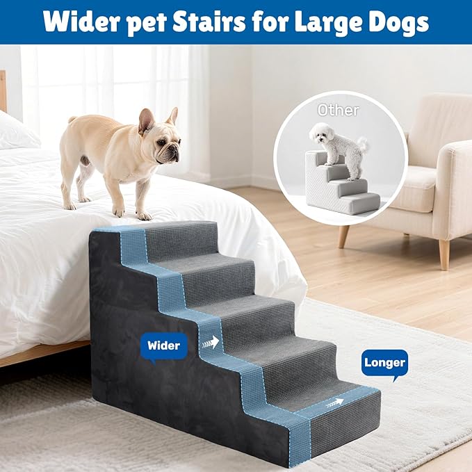 Dog Steps for High Bed, 23" H Dog Stairs for Small Dogs, 5-Tier Pet Stairs with Washable Cover, Non-Slip Pet Steps for Dogs to Get On Bed