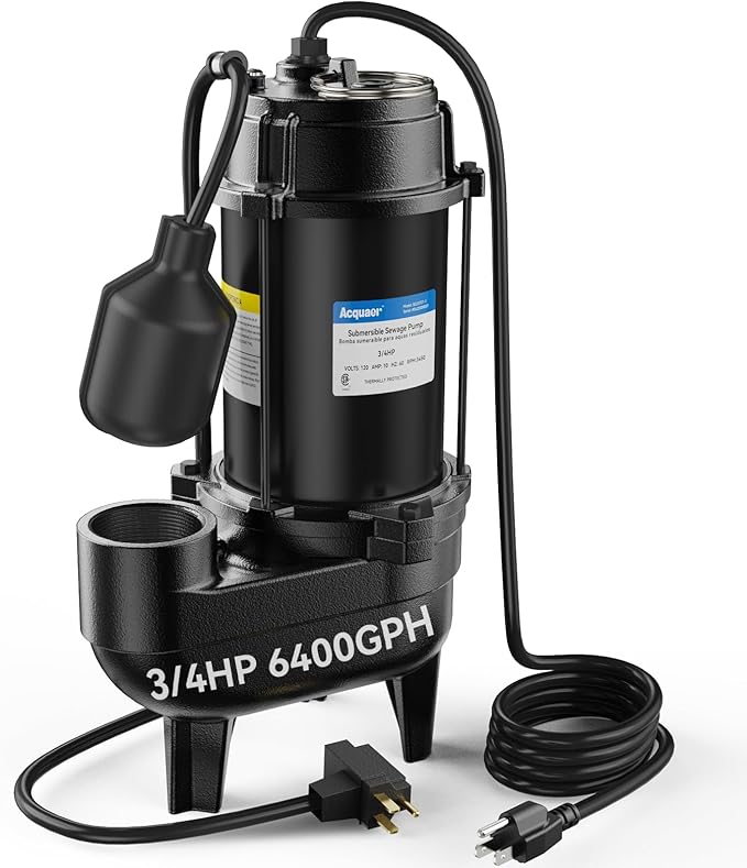 Acquaer Sewage Pump, Cast Iron, Automatic Tethered Float Switch, Sewage Effluent Pump for Sump Basin, Basement, Residential Sewage, 2'' NPT Discharge, Dark