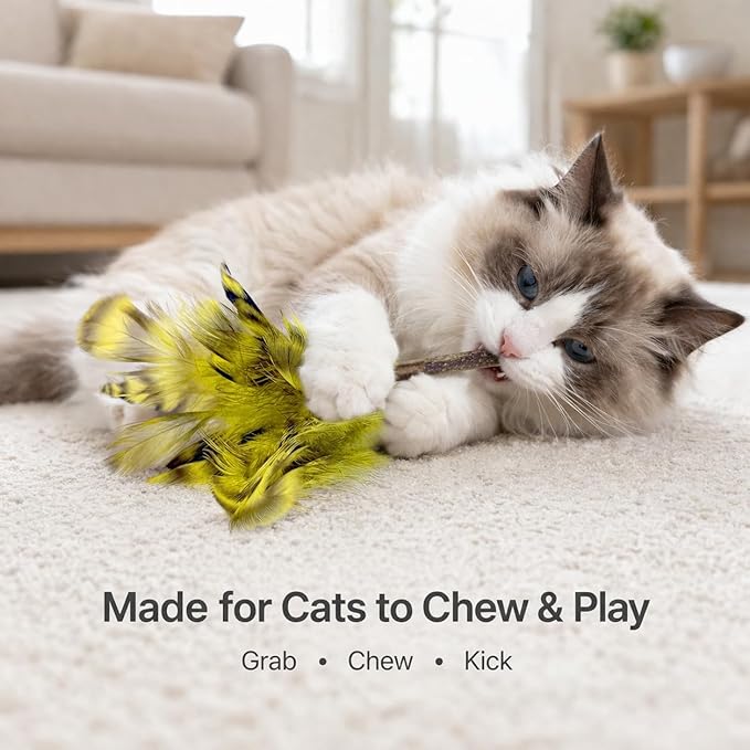Silvervine Feather Cat Toys, 3 Pack Natural Matatabi Chew Toys for Indoor Cats, 8" Handmade Cat Toy for Chewing & Independent Play, Quiet Indoor Floor Play