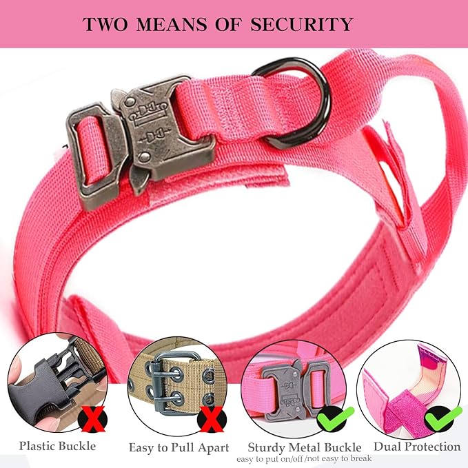 Xqpetlihai Tactical Dog Collar Adjustable Military Nylon Dog Collar with Control Handle and Heavy Duty Metal Buckle for Medium and Large Dogs (Pink,XXL)