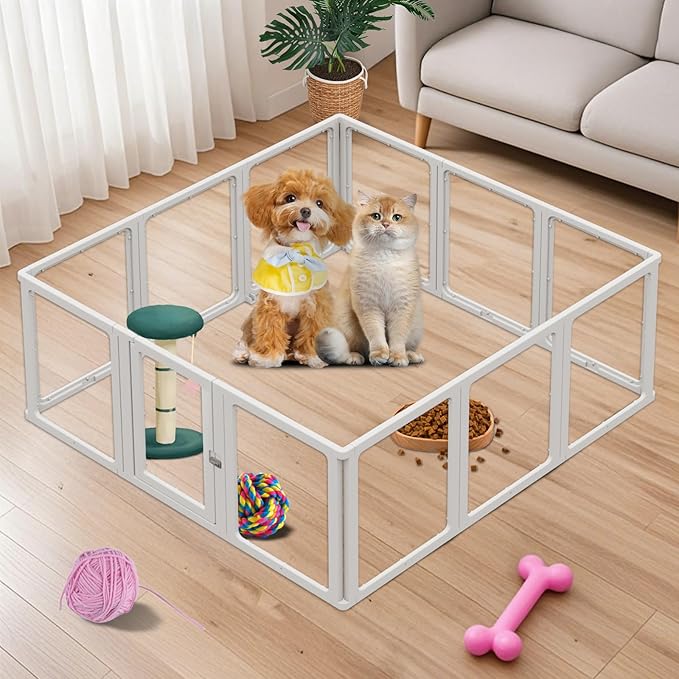 12PCS DIY Dog Playpen Transparent Acrylic Dog Playpen Indoor, Easy Assemble & Disassemble Clear Acrylic Playpen for Dogs, Acrylic Dog Pen with Gate, 23.6" Height