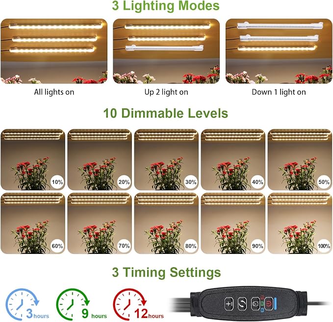 8.6'' LED Grow Light Strips, Full Spectrum 3500K Grow Lights for Indoor Plants, 3 Head with 3/9/12H Timer, 10 Dimmable Levels, Suitable for Seedling, Succulent, Plant Shelf and Greenhouse, 1-Pack