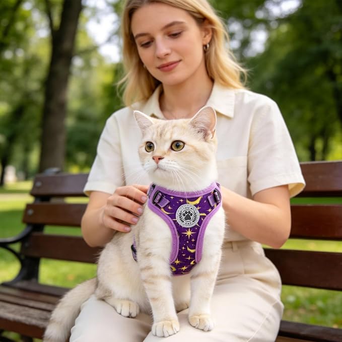 BEAUTYZOO Cat Harness, Escape Proof Cat Leash and Harness Set for Walking, Soft Breathable Vest Harness with Neck Adjustable, Reflective Easy-Control Kitten Harness for Cats (Star Design),Purple M