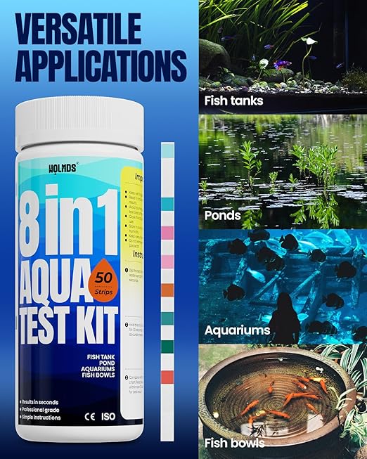 Aquarium Test Strips - 8-in-1 Aquarium Water Test Kit: Fish Tank Testing Kit for Freshwater & Saltwater, 50 Strips,Fast & Accurate Ammonia, pH, Hardness, & More， Lead Water Test Kit for Ponds