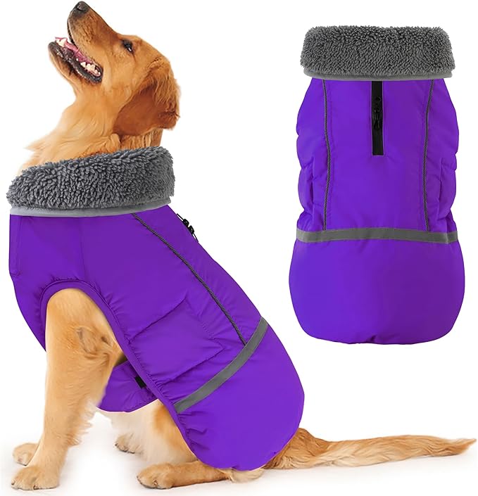 Dogcheer Warm Dog Coat, Christmas Dog Jacket Waterproof Puppy Winter Coat with Buckles, Reflective Adjustable Pet Snow Jacket Turtleneck Fleece Sweater for Small Medium Large Dogs - Purple, L