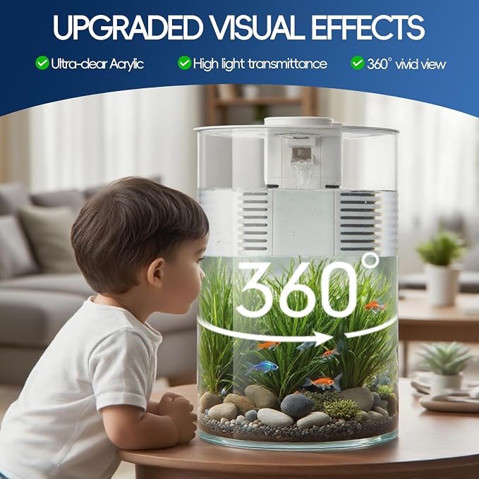 3 Gallon Self Cleaning Fish Tank, Aquarium Starter Kit for Betta, Shrimp & Small Fish, Nano Aquarium with Filter and Light (17 Color Choices),360 View for Small Fish, for Home, Office Best Gifts