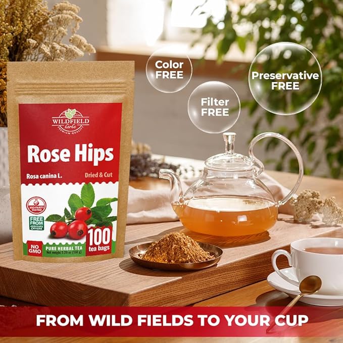 100 Bags Rosehips Tea Dried Rose Hips Crushed (Roza Cinamomea) - 100 Count 1.5 g Tea Bags Rosehip Berries