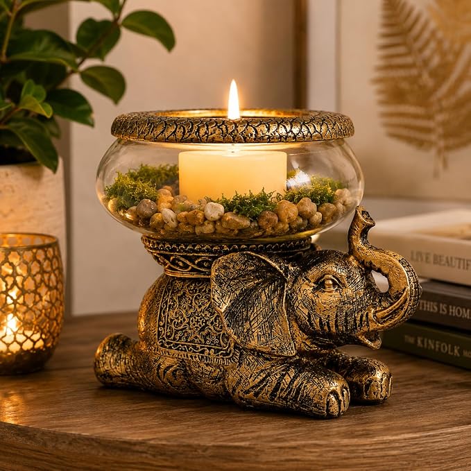 Good Luck Elephant Terrarium Bowl, Antique Gold | Elephant Figurine with Removable Glass Bowl, Succulent Planter, Candle Holder, Air Plant Display, Zen Home Décor Accent